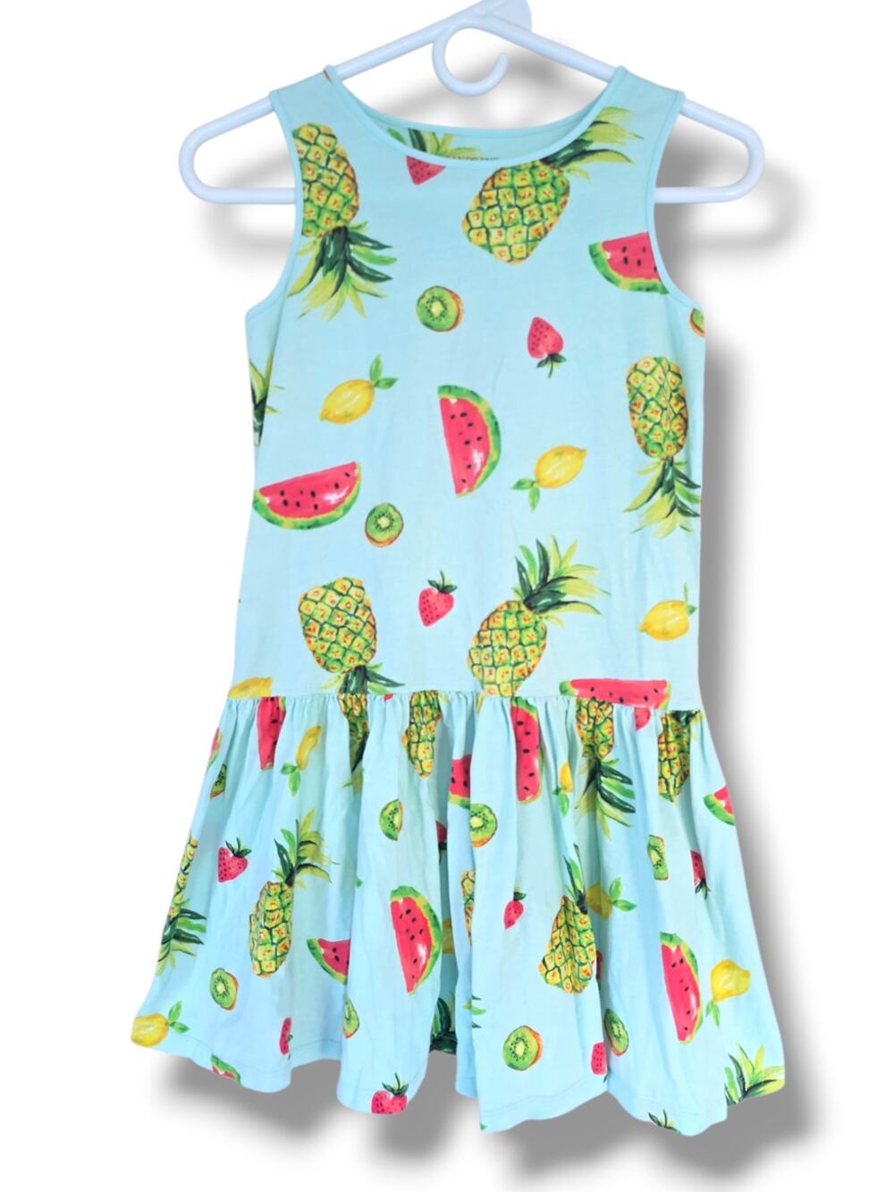 Lands End Girls 10-12 Fruit Print Drop Waist Sundress Aqua